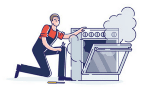 disegno di un tecnico che controlla un forno guasto con fumo