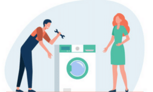 disegno di una donna una lavatrice ed un tecnico con una chiave inglese in mano
