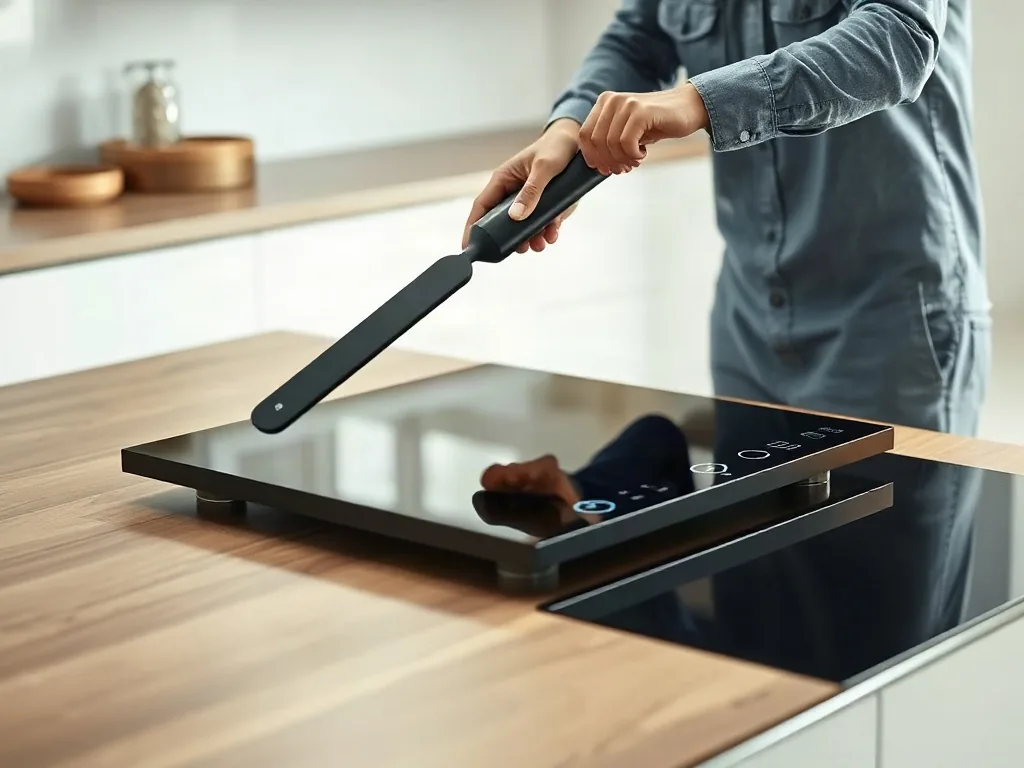 {Tecnico che solleva un piano cottura a induzione dal piano della cucina|Tecnico che solleva un piano cottura a induzione dal piano della cucina, [a:zona]}