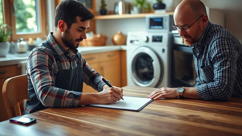 Tecnico che scrive un preventivo al tavolo della cucina accanto al cliente