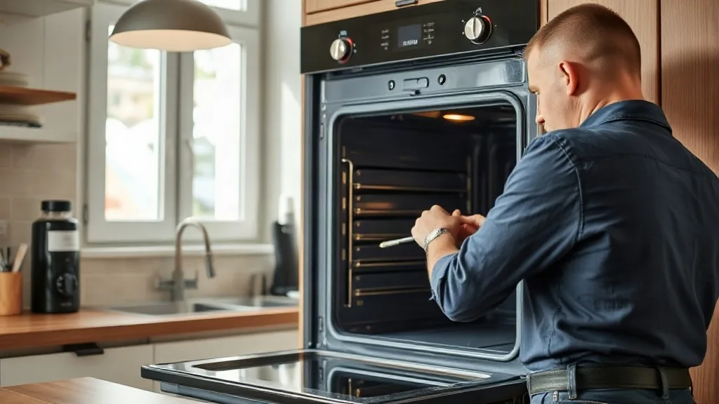 {Tecnico che lavora nel vano di un forno da incasso con lo sportello aperto|Tecnico che lavora nel vano di un forno da incasso con lo sportello aperto, [a:zona]}