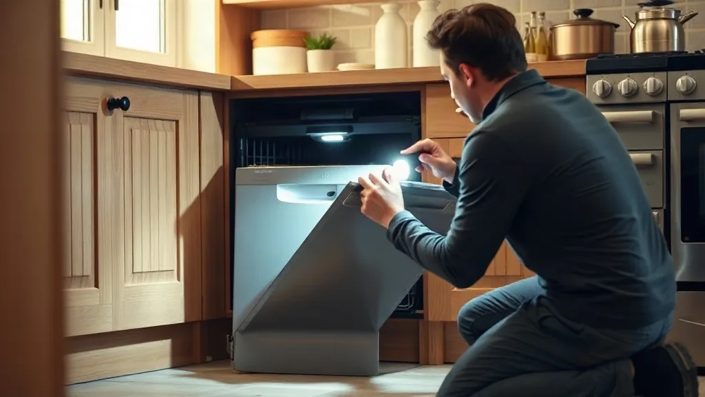 {Tecnico che estrae una lavastoviglie da incasso dal mobile della cucina|Tecnico che estrae una lavastoviglie da incasso dal mobile della cucina, [a:zona]}