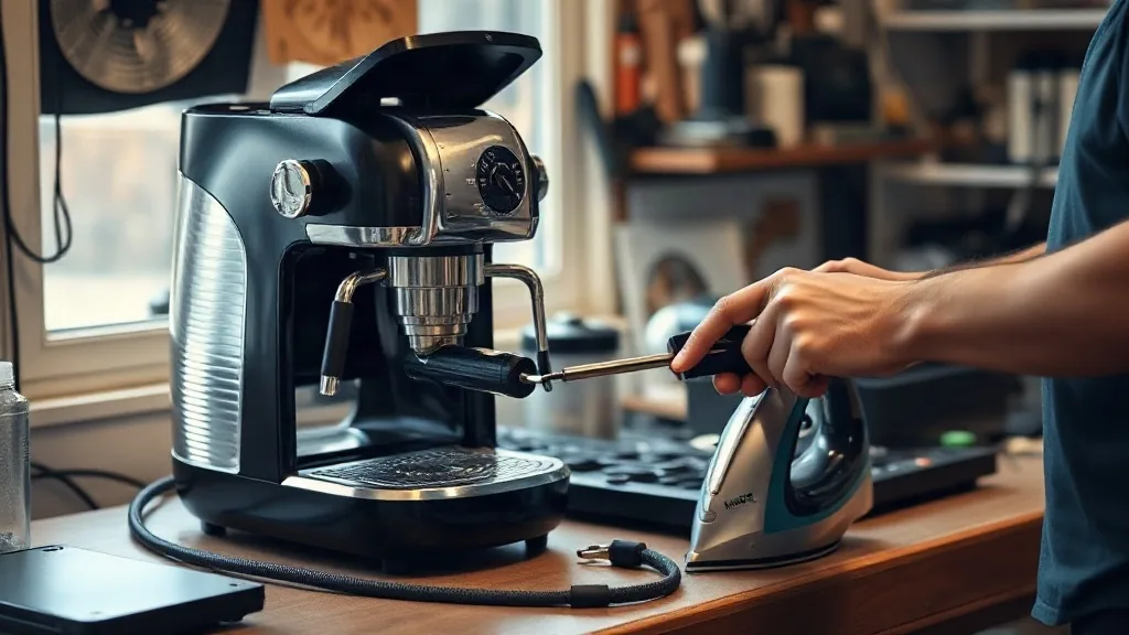 Banco di laboratorio con una macchina del caffè aperta, un aspirapolvere e un ferro da stiro
