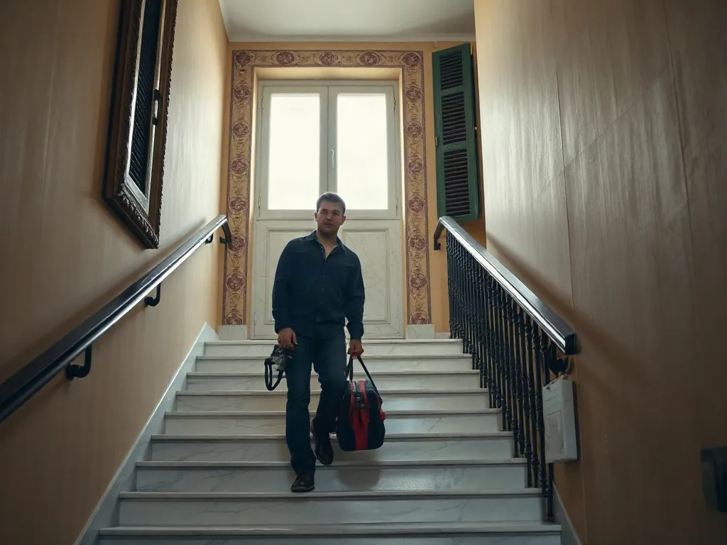 {Tecnico che sale le scale di un palazzo con la borsa degli attrezzi|Tecnico che sale le scale di un palazzo con la borsa degli attrezzi, [a:zona]}