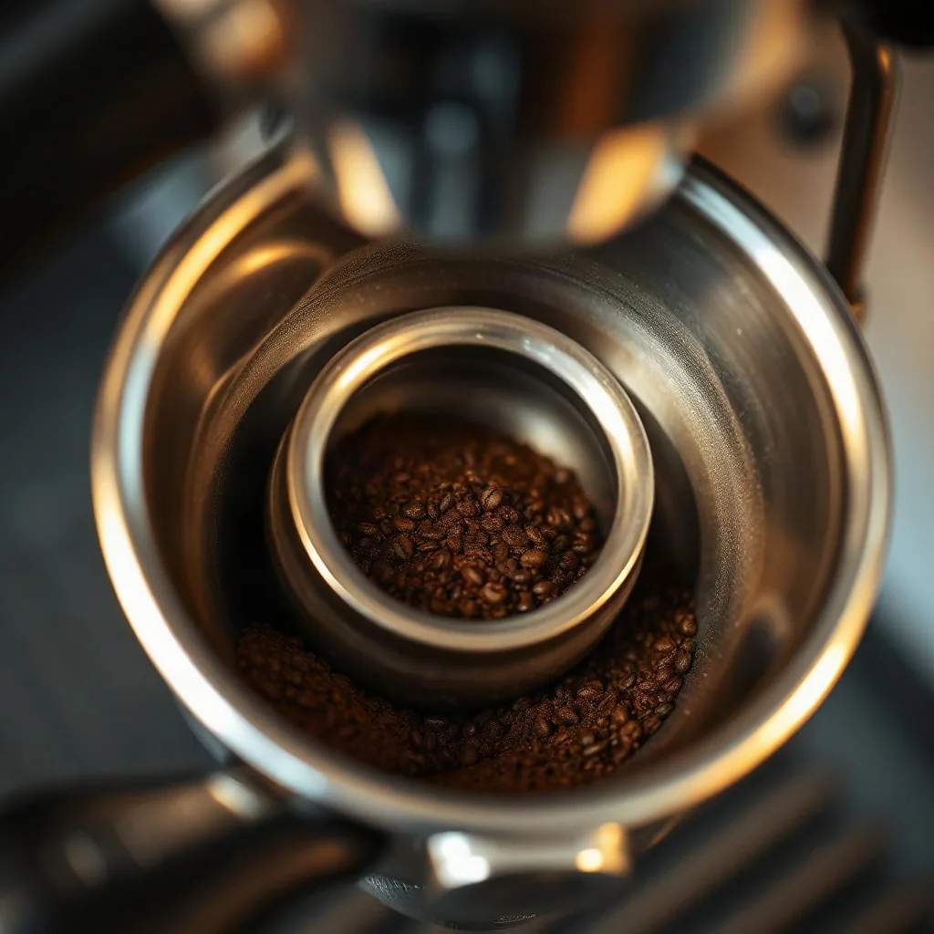 {Portafiltro di una macchina del caffè con il caffè macinato|Portafiltro di una macchina del caffè con il caffè macinato, [a:zona]}