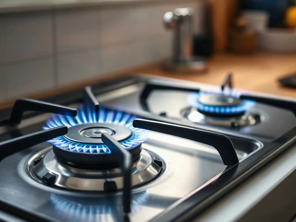 {Fuochi accesi di un piano cottura a gas con un bruciatore smontato|Fuochi accesi di un piano cottura a gas con un bruciatore smontato, [a:zona]}