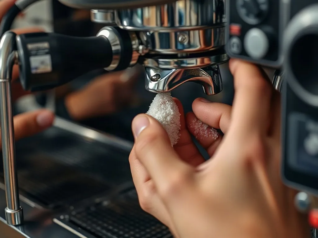 {Mani che puliscono il gruppo erogatore di una macchina del caffè|Mani che puliscono il gruppo erogatore di una macchina del caffè, [a:zona]}