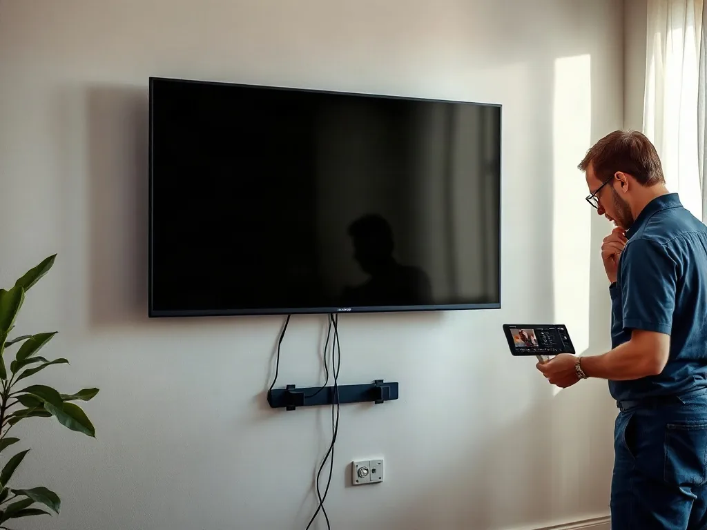 {Tecnico che controlla i collegamenti dietro a un televisore a parete|Tecnico che controlla i collegamenti dietro a un televisore a parete, [a:zona]}